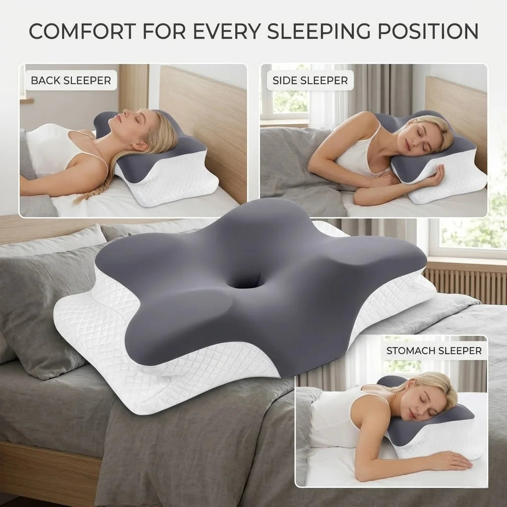 Almohada ergonómica de espuma viscoelástica con diseño de mariposa y contorno cervical; soporte para el cuello y alivio del dolor de hombros. Altura doble (12 cm y 9 cm), funda transpirable y lavable de seda helada. Almohada ortopédica ideal para quienes