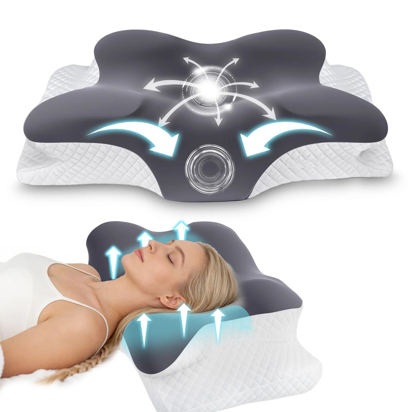 Almohada ergonómica de espuma viscoelástica con diseño de mariposa y contorno cervical; soporte para el cuello y alivio del dolor de hombros. Altura doble (12 cm y 9 cm), funda transpirable y lavable de seda helada. Almohada ortopédica ideal para quienes