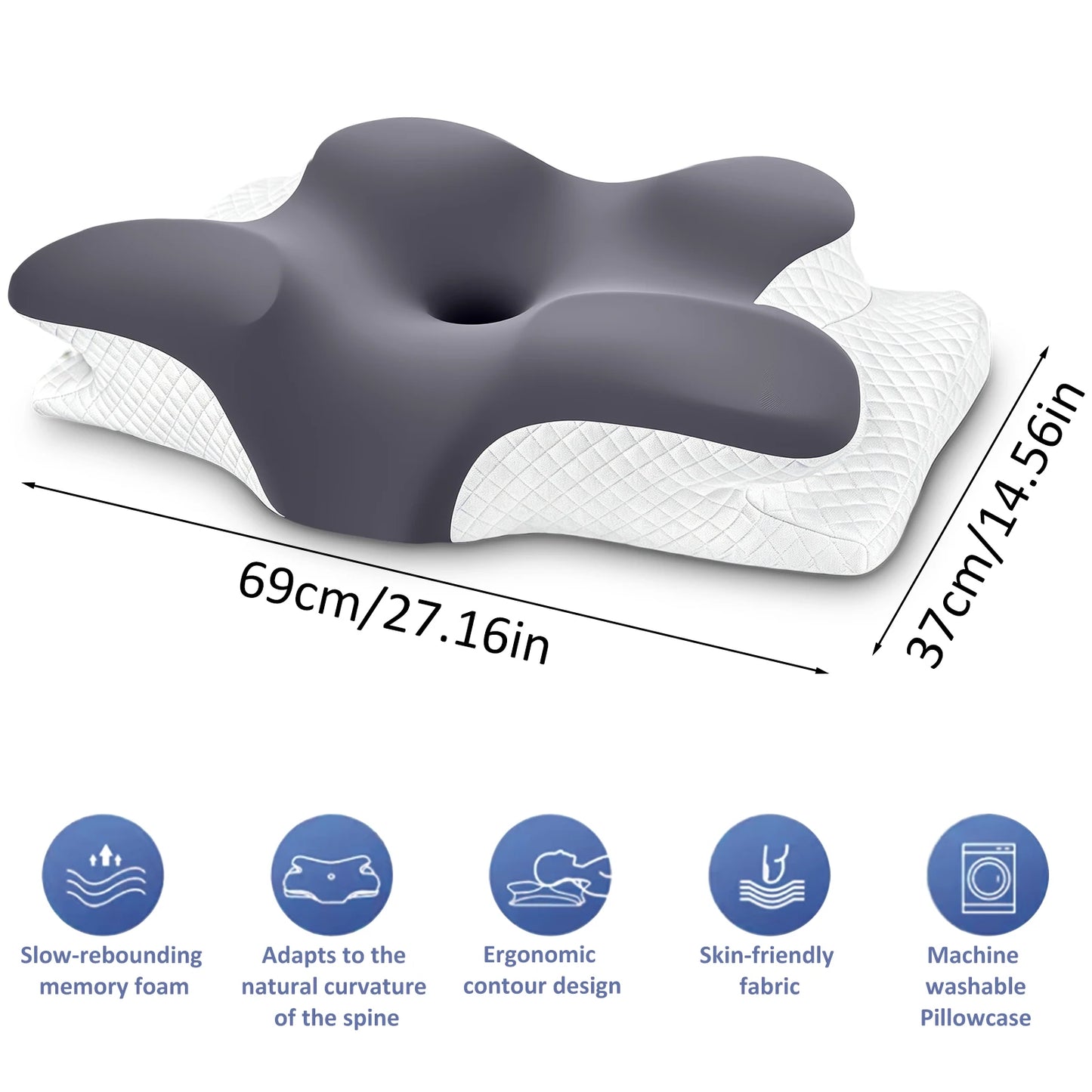 Almohada ergonómica de espuma viscoelástica con diseño de mariposa y contorno cervical; soporte para el cuello y alivio del dolor de hombros. Altura doble (12 cm y 9 cm), funda transpirable y lavable de seda helada. Almohada ortopédica ideal para quienes