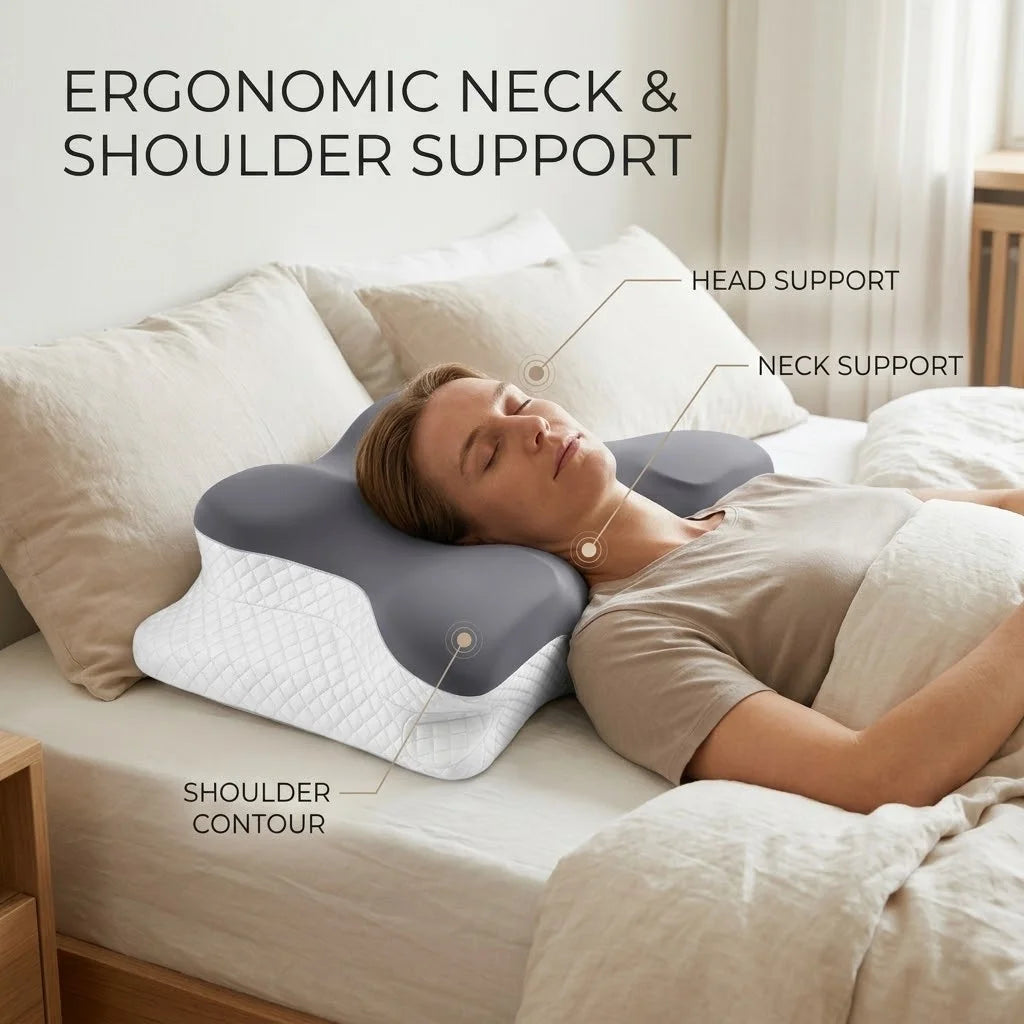 Almohada ergonómica de espuma viscoelástica con diseño de mariposa y contorno cervical; soporte para el cuello y alivio del dolor de hombros. Altura doble (12 cm y 9 cm), funda transpirable y lavable de seda helada. Almohada ortopédica ideal para quienes