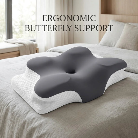 Almohada ergonómica de espuma viscoelástica con diseño de mariposa y contorno cervical; soporte para el cuello y alivio del dolor de hombros. Altura doble (12 cm y 9 cm), funda transpirable y lavable de seda helada. Almohada ortopédica ideal para quienes