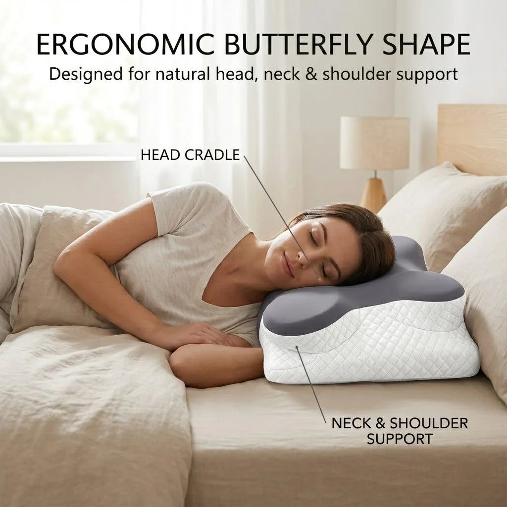 Almohada ergonómica de espuma viscoelástica con diseño de mariposa y contorno cervical; soporte para el cuello y alivio del dolor de hombros. Altura doble (12 cm y 9 cm), funda transpirable y lavable de seda helada. Almohada ortopédica ideal para quienes