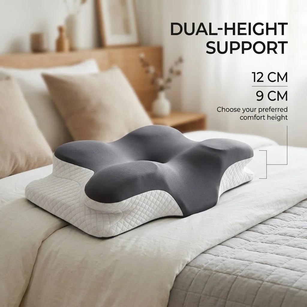 Almohada ergonómica de espuma viscoelástica con diseño de mariposa y contorno cervical; soporte para el cuello y alivio del dolor de hombros. Altura doble (12 cm y 9 cm), funda transpirable y lavable de seda helada. Almohada ortopédica ideal para quienes